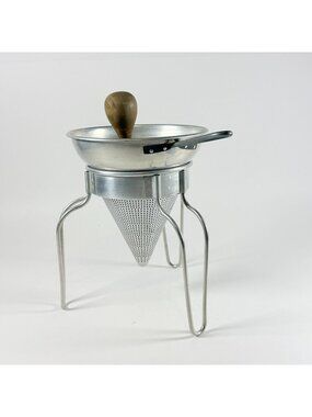 Vintage Aluminum Wear-Ever Sieve Cone Strainer Stand Wood Pestle Complete